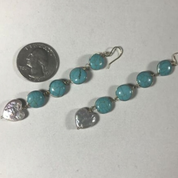 Turquoise and Perl Dangling Earrings Gold Filled - Picture 2 of 6